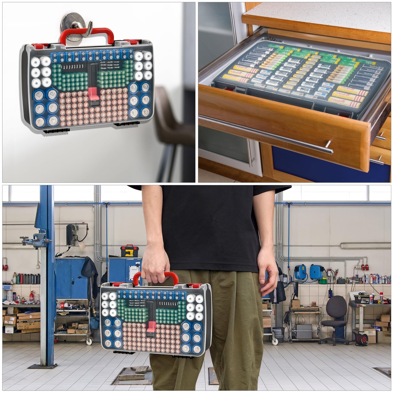 FULLCASE Boîte de rangement de piles avec testeur - Pour 269 AA AAA AAAA 3A 4A 9V C D Lithium 23A 4LR44 CR123A CR1632 CR2032 - Boîte uniquement