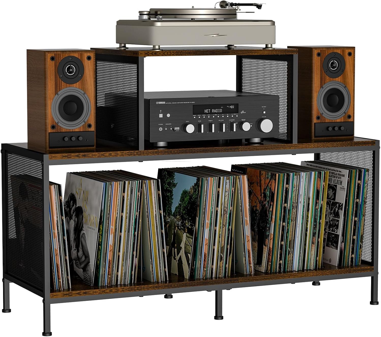 Sonyabecca Espaciosa mesa de tocadiscos vintage  Capacidad para 150  250 álbumes de vinilo, divisores ajustables, áreas de visualización lateral