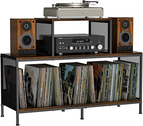 Sonyabecca Espaciosa mesa de tocadiscos vintage  Capacidad para 150  250 álbumes de vinilo, divisores ajustables, áreas de visualización lateral