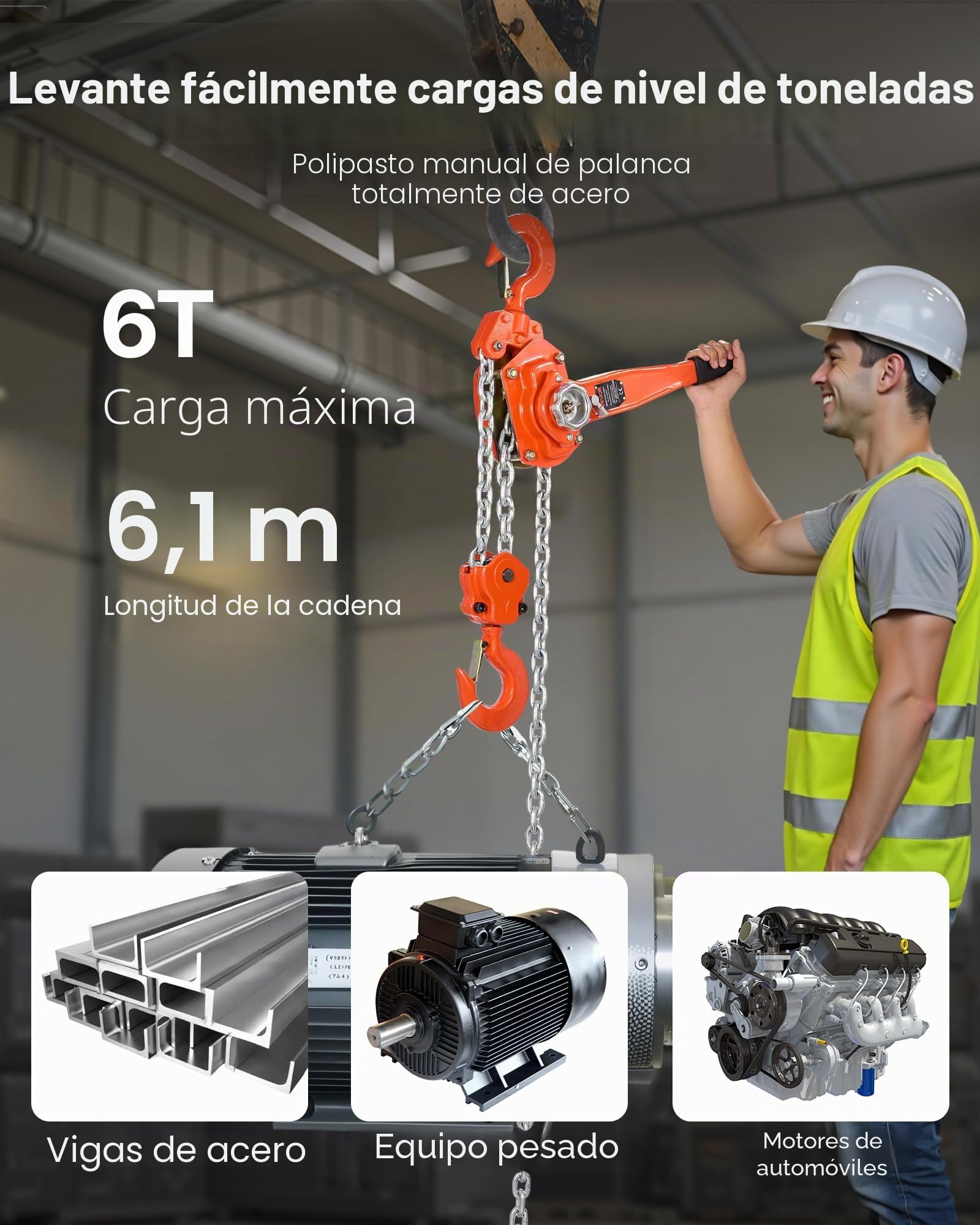 VEVOR Polipasto de Cadena Manual de Palanca, 6 T, Elevación 6 m, con Freno Mecánico de Doble Trinquete, con Ganchos Giratorios de 360°, para Almacén, Construcción y Garaje, 730 x 145 x 200 mm