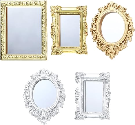 5 Pieces Miniature Dollhouse Mirror European Frame Mirror Dollhouse Victorian Baroque Wall Decor Miniature Bedroom Mini Furniture Accessory for 1/12 Dollhouse Decor, Gold and Silver