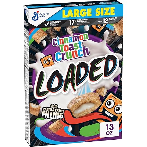 Cinnamon Toast Crunch Loaded Cereal, cereal de azúcar de canela con relleno de crema de vainilla con sabor artificial, hecho con grano entero,