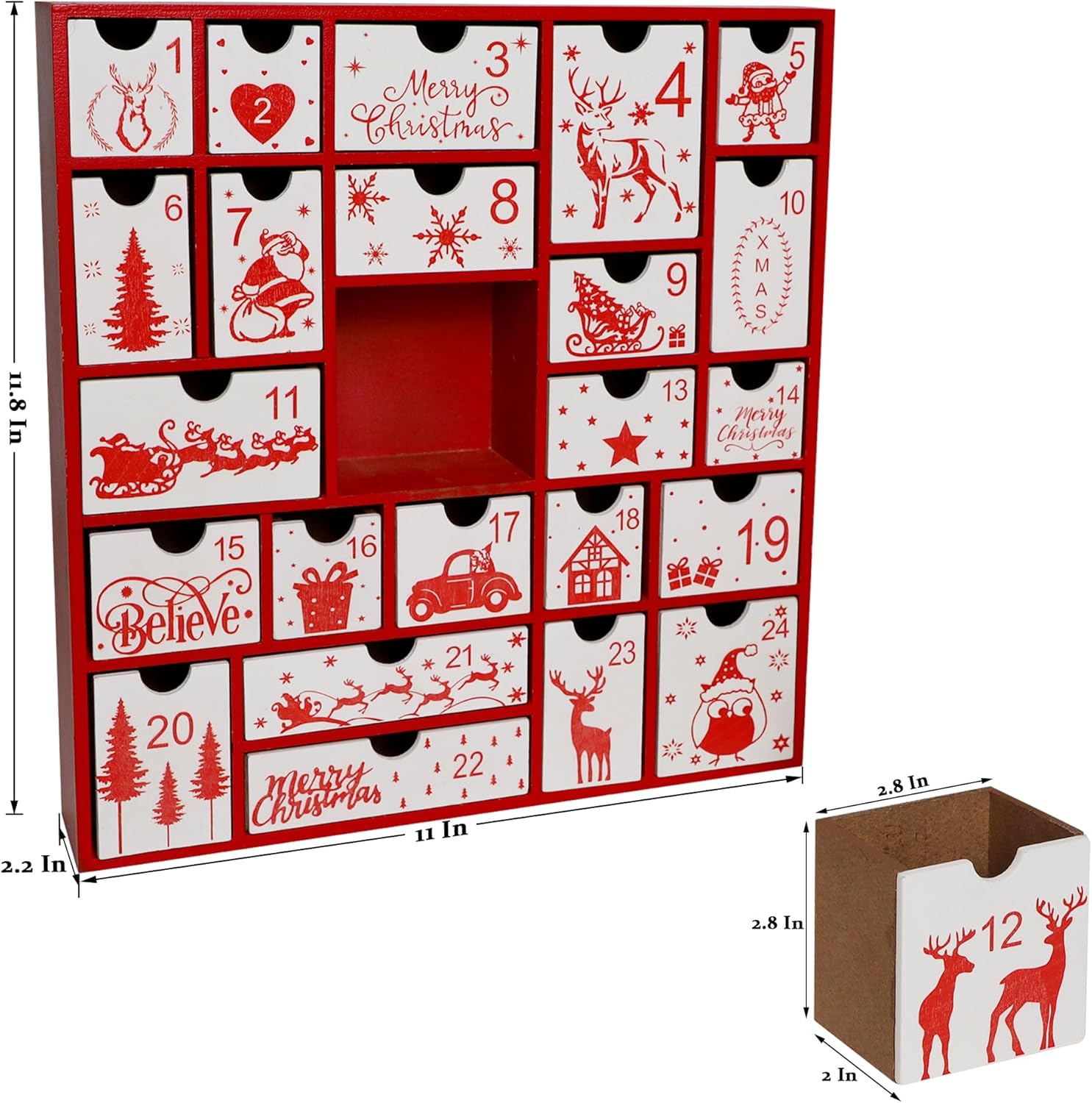 SAND MINE Wooden Christmas Advent Calendar with 24 Drawers, Countdown to Christmas, Refillable Wooden Advent, Red & White - Image 2
