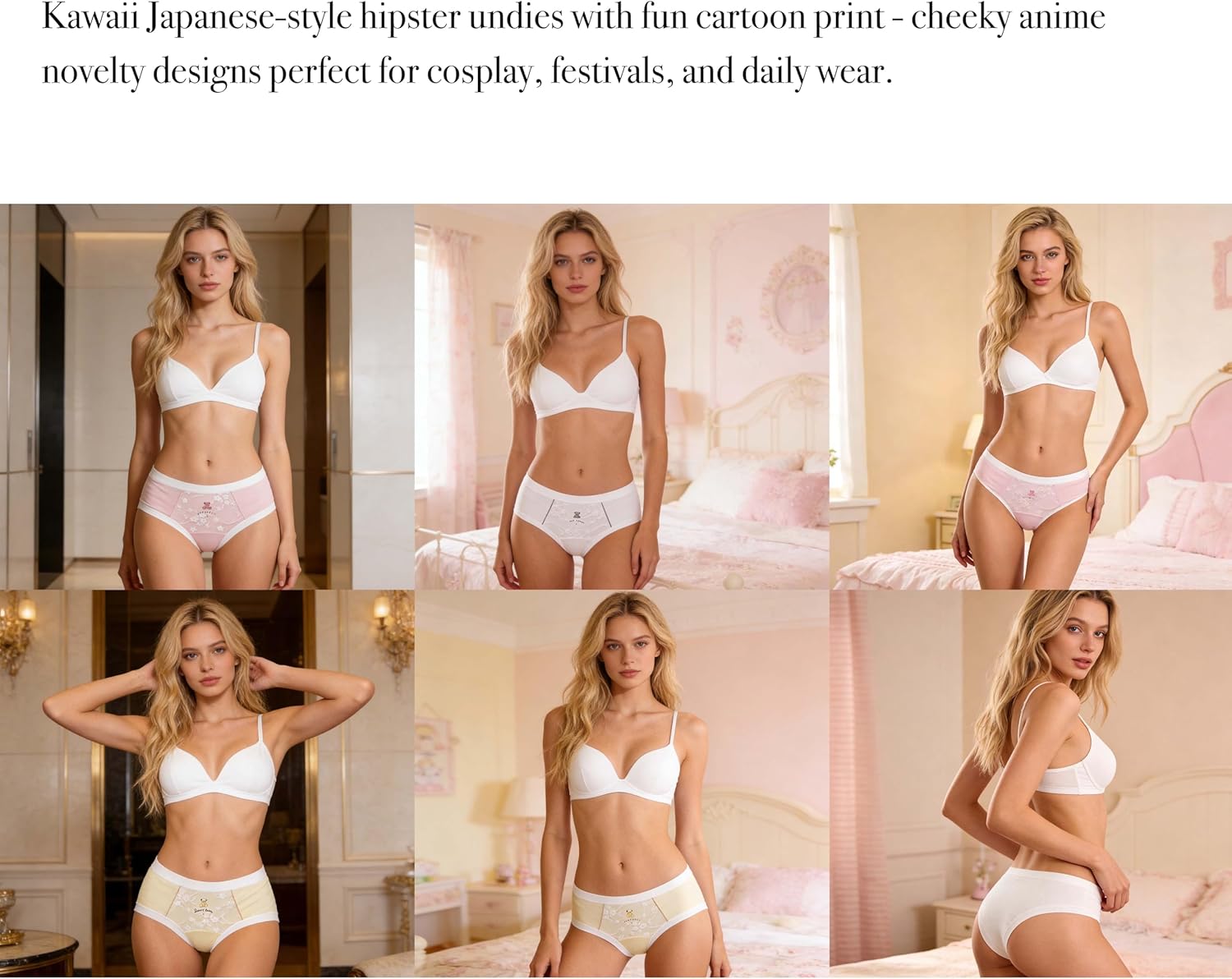 Cute Cartoon Cotton Womens Underwear for Women 5 Packs Panties Kawaii Floral Bear Lace Flowers