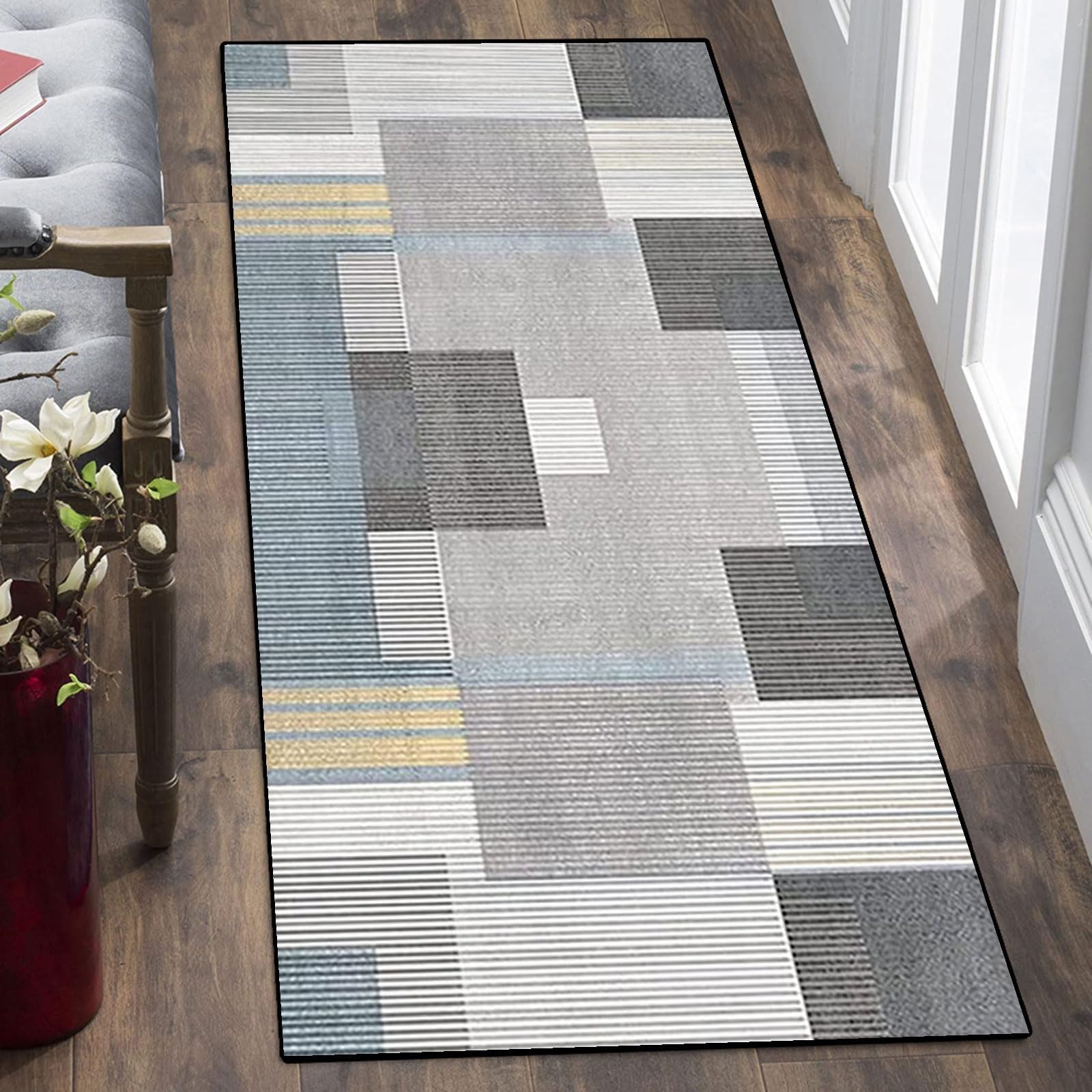 Hallway Rug, Runner Rugs - Modern Geometric Patterns - Non Slip Washable - Crystal Velvet Runner Carpet for Hallway Bathroom Living Room Rug Kitchen Rug Runner
