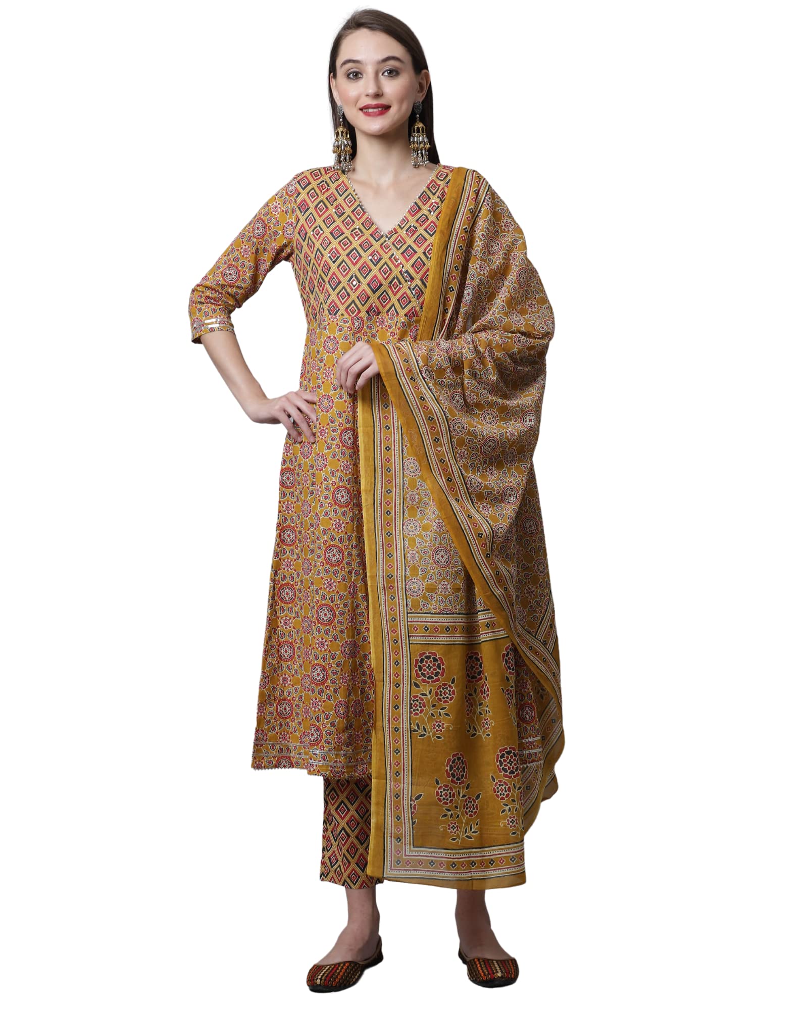 RajnandiniWomen's Pure Cotton Jaipuri Printed & Hand Work Kurta Set With Dupatta (JOPLVL277-P_Mustard)