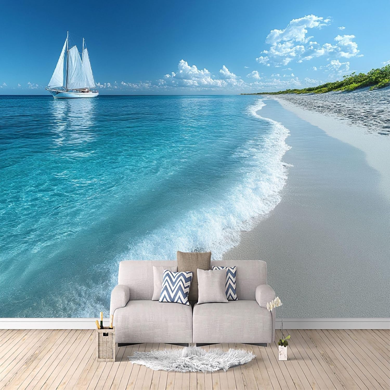 Papier peint panoramique plage de la mer et voilier pour salon lumineux