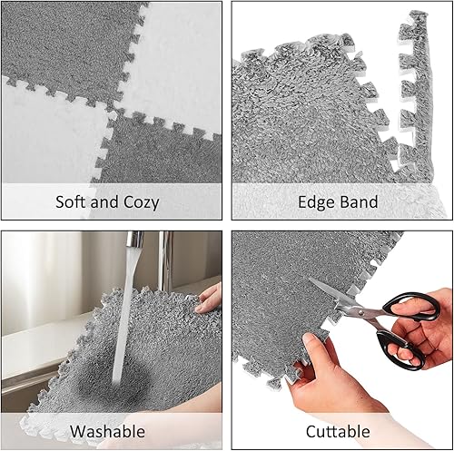 Miniatura 9 de 36 tapetes cuadrados de espuma de felpa, azulejos entrelazados con borde, tapete de juego esponjoso, alfombras suaves de área de escalada para
