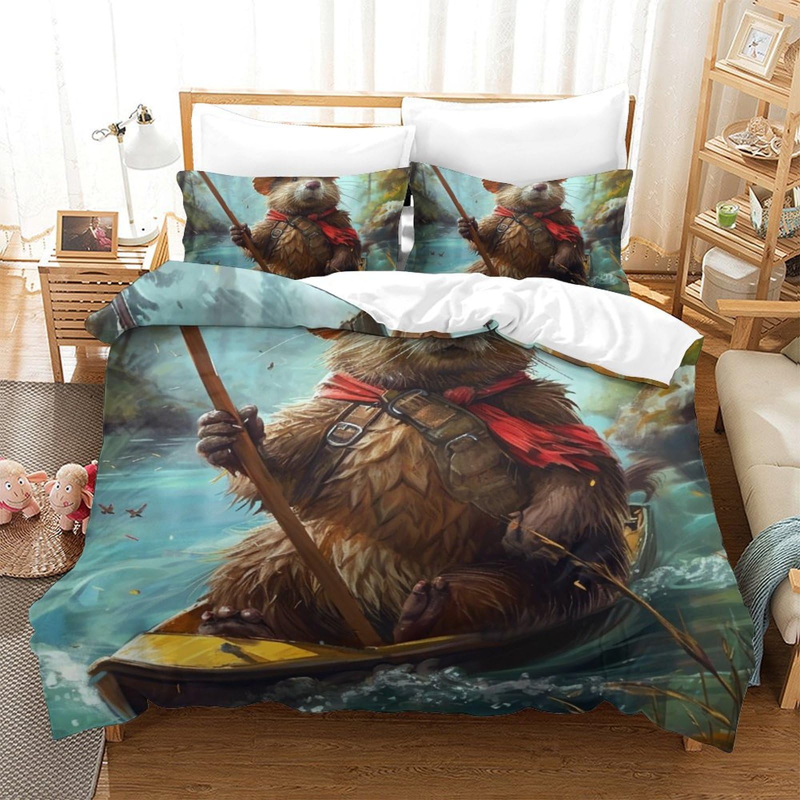 Housse de couette loutre 3D anti-plis en microfibre hypoallergénique pour lit 2 personnes