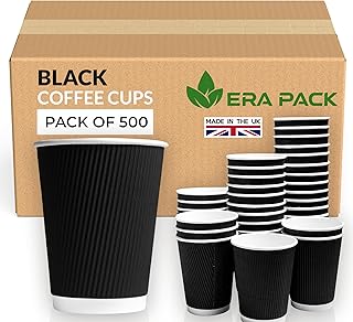 ERA PACK 500 x 12oz Ripple Black Paper Cups - Strong 3-PLY Disposable Cups - Leak-Proof Recyclable Design, Insulated Coffee Cup for Hot Drinks, Tea, and Hot Beverages (500)