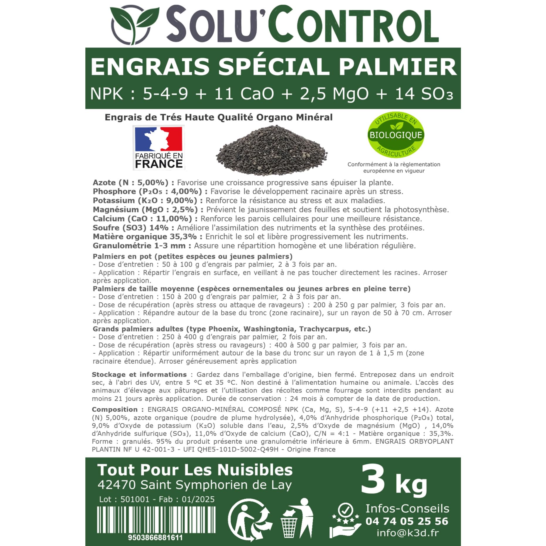 Engrais Spécial Palmier 3 kg - SoluControl - Formulation haute qualité Organo-Minerale - Idéal après attaque du charancon rouge ou du papillon du palmier.