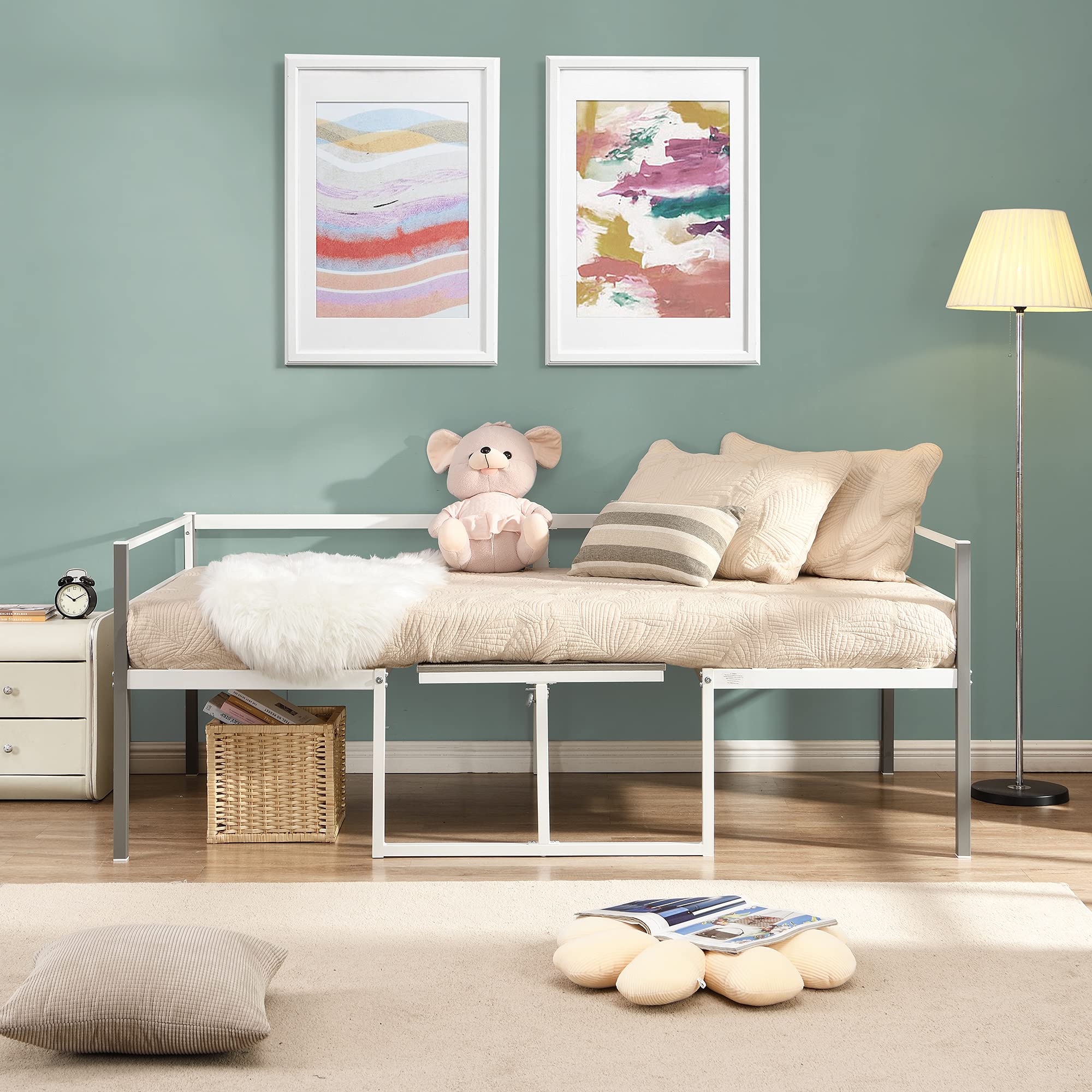 GLCHQ Multifunctional Design Kids Metal Frame Bed Twin Size Adjustable Daybed with Built-in-Desk can be Raised and Lowered (White)