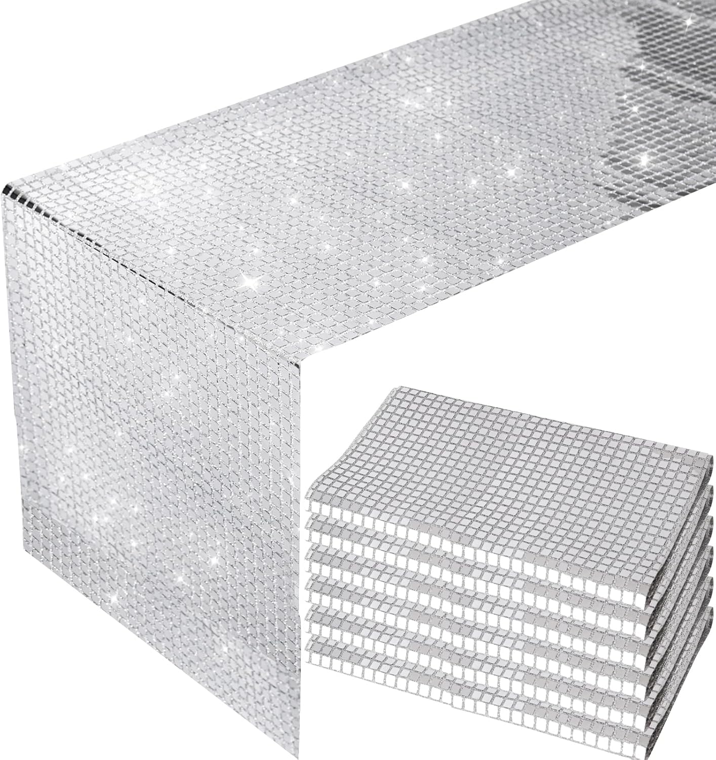 12" x 72" 6PCS, Silver Glitter Disco Table Runner, Retro 70s 80s Old Fashioned Decor, Silver Sequin, Wedding Party Supplies