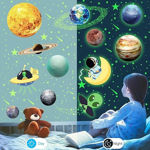 Miniatura 3 de MORCART Calcomanías de pared que brillan en la oscuridad, estrellas y sistema solar, 457 unidades, incluyendo sol y 12 planetas, astronautas y