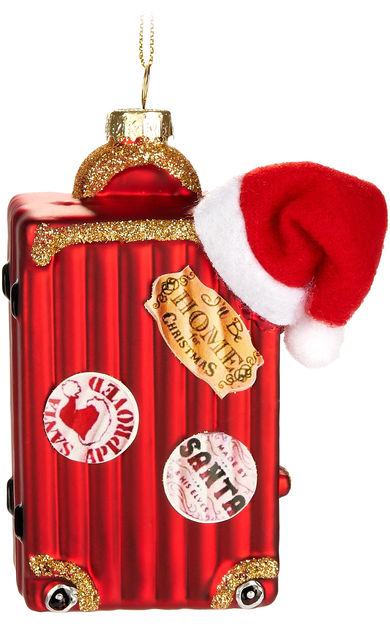 Brubaker Santa's Suitcase - Hand-Painted Glass Christmas Bauble - 4.7 Inches (12 Cm) Tree Bauble Christmas Suitcase Red With Santa Hat - Mouth-Blown Christmas Tree Decoration