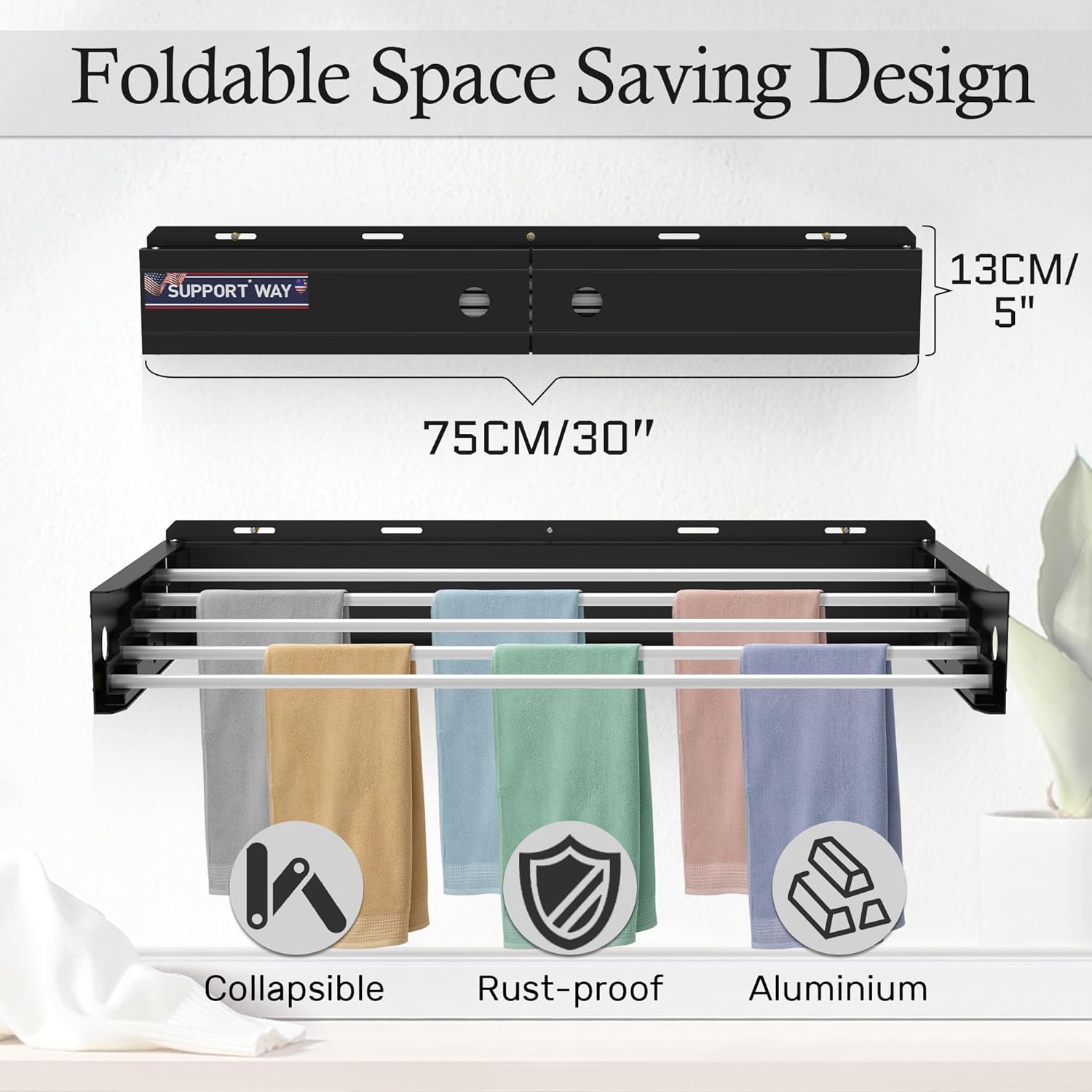 Foldable Wall Mounted Drying Rack, 30'' Wide Aviation Aluminum Laundry Clothes Rack Collapsible with 5 Rods, 100LB Capacity, Pull Out Design Towel Drying Rack for Laundry Wall (Black, 30")