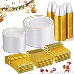 WELLIFE 600 PCS Gold Disposable Dinnerware Set for 100 Guests, Gold and White Plastic Plates for Party, 100 Each-Dinner & Salad Plates, Cups, Forks Knives Spoons for Christmas Wedding and Party