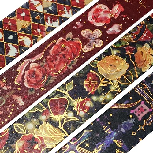 KKONION Juego de 4 rollos de cinta adhesiva de papel de aluminio dorado para álbum de fotos regalo de huevos de Pascua conejo rosa póquer cruz