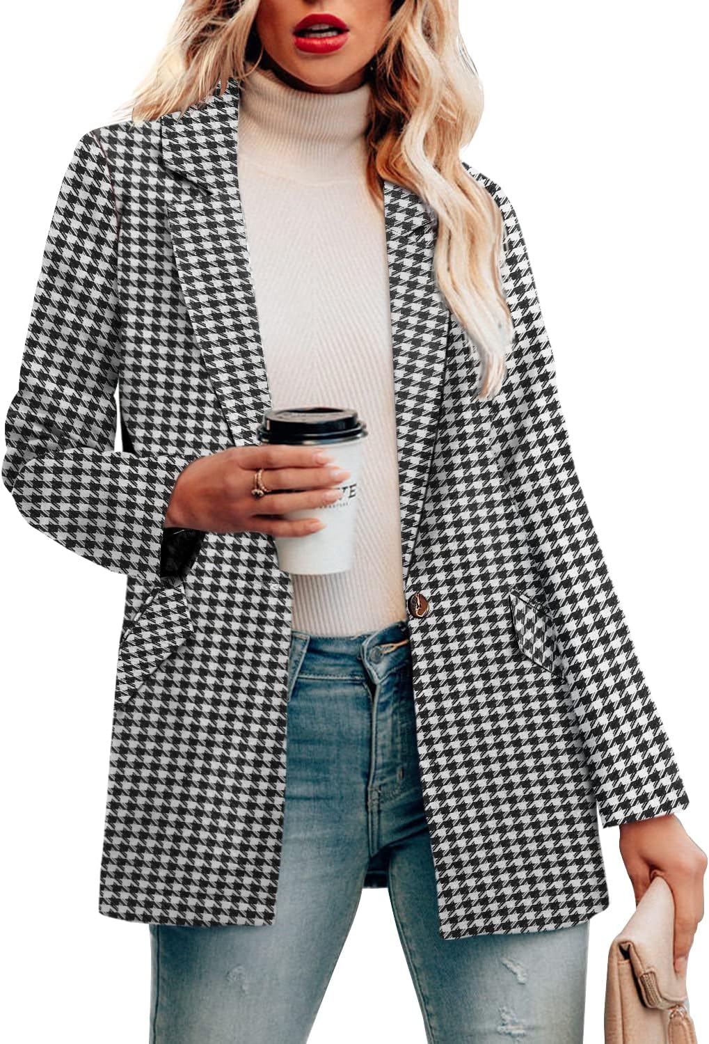 CRAZY GRIDWomens Casual Blazer Jacket Long Sleeve Open Front Work Office Blazer Lapel Button Jacket
