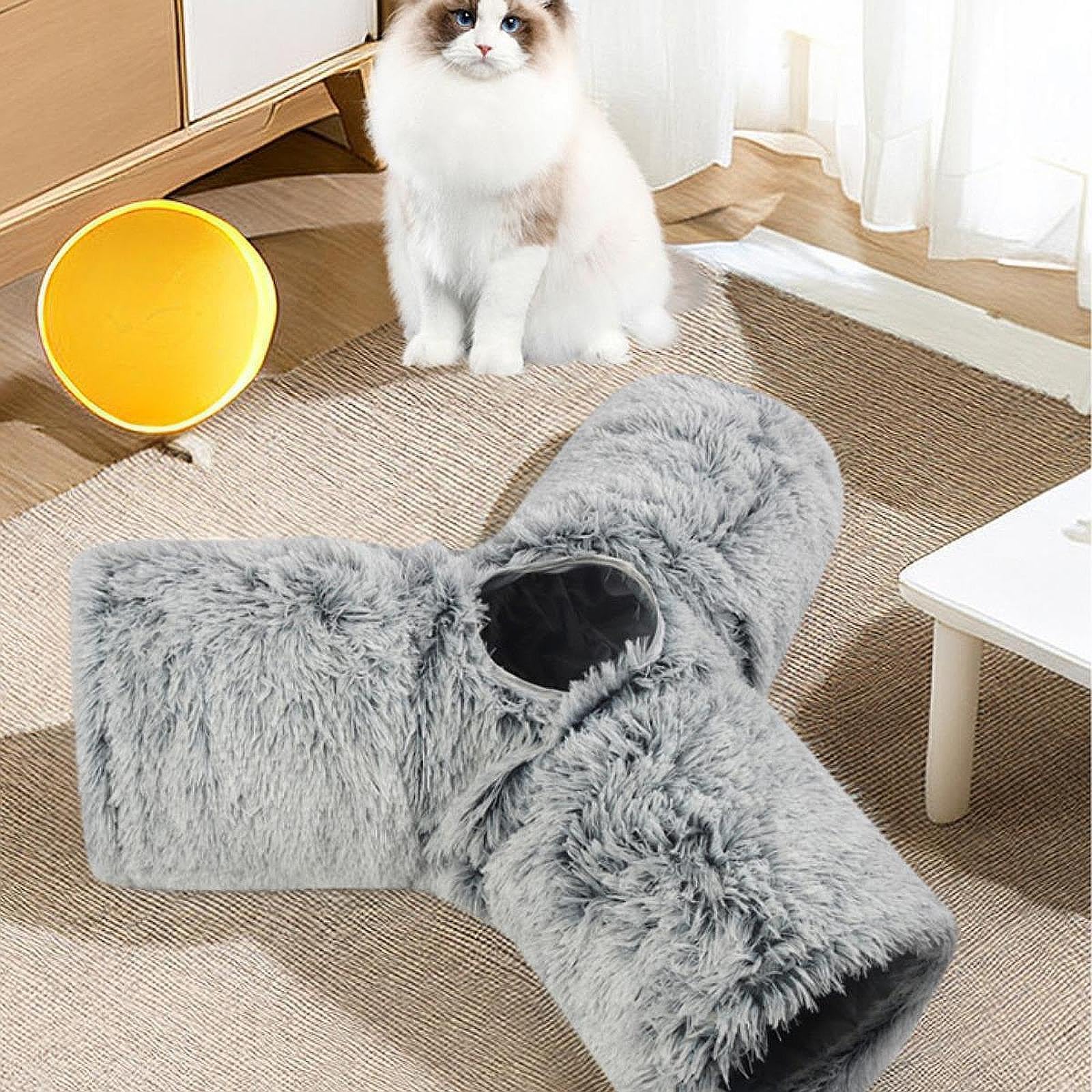 de Peluche para Gatos, Juguete para Mascotas, Práctico Y Portátil, 3 Vías, Túneles para Gatitos de Interior para Sala de Estar, Dormitorio, Casa, Gris