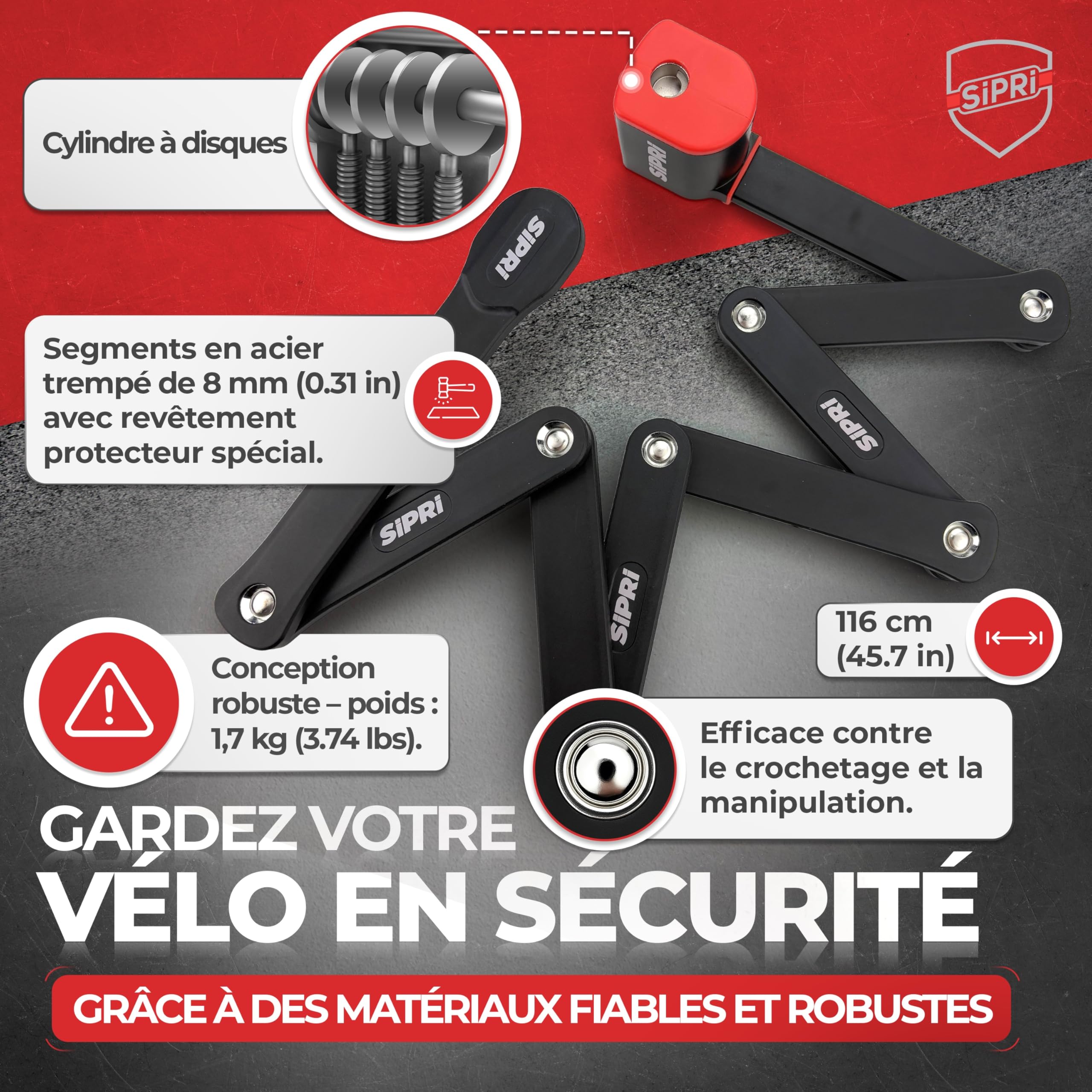 SIPRI Antivol pliable pour vélo, avec alarme, 120 dB, haute sécurité | vélo électrique, scooter électrique, moto, acier 8 mm, 116 cm, résistant aux intempéries, robuste, clé