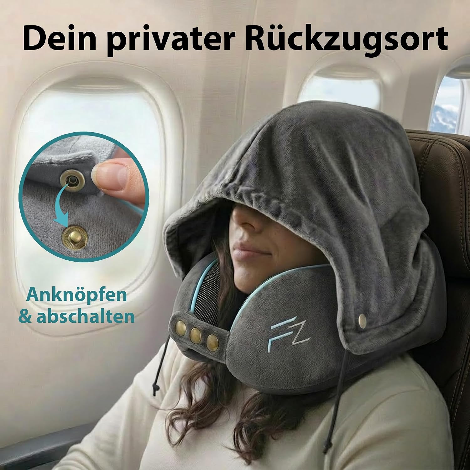 FLOWZOOM Comfy Neck Pillow Aeroplane & Car with Hood - Adjustable Memory Foam Travel Pillow with Press Studs for 360° Support, Soft Cover - Includes Transport Bag - Grey 2.1.1. Comfy With Hood - Grey