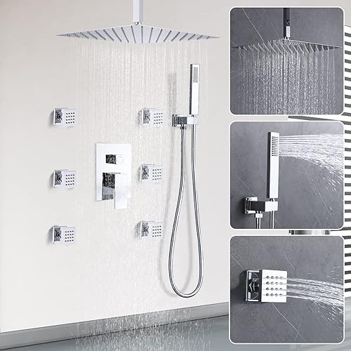 Miniatura 2 de Sistema de ducha de lluvia negro mate con chorros, sistema de ducha de lluvia de montaje en techo de 12 pulgadas y rociador de mano, juego combinado