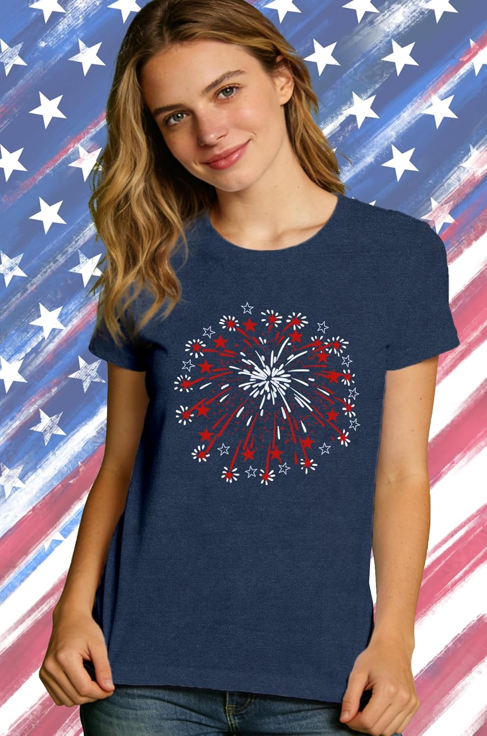 American Flag Shirt Women USA Firework Patriotic Print T-Shirts 4th of July Tee Tops - Image 4