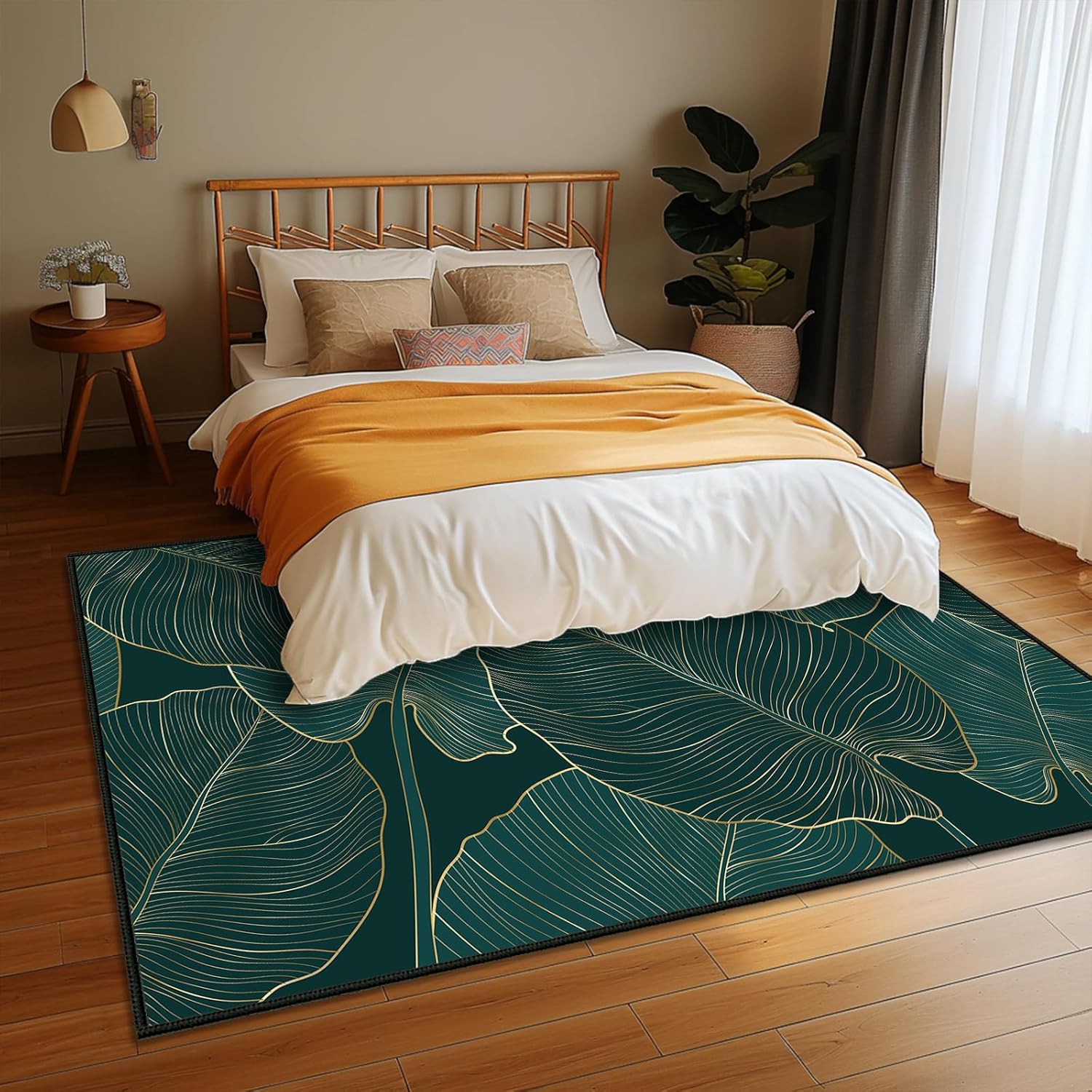 Green Area Rug 5x7 Washable Living Room Rug Tropical Palm Leaves Area Carpet Non Slip Entryway Throw Rugs Ultra-Thin Low Pile Floor Carpets Mat for Bedroom,Dining Room,Laundry,Office,Summer Home Decor