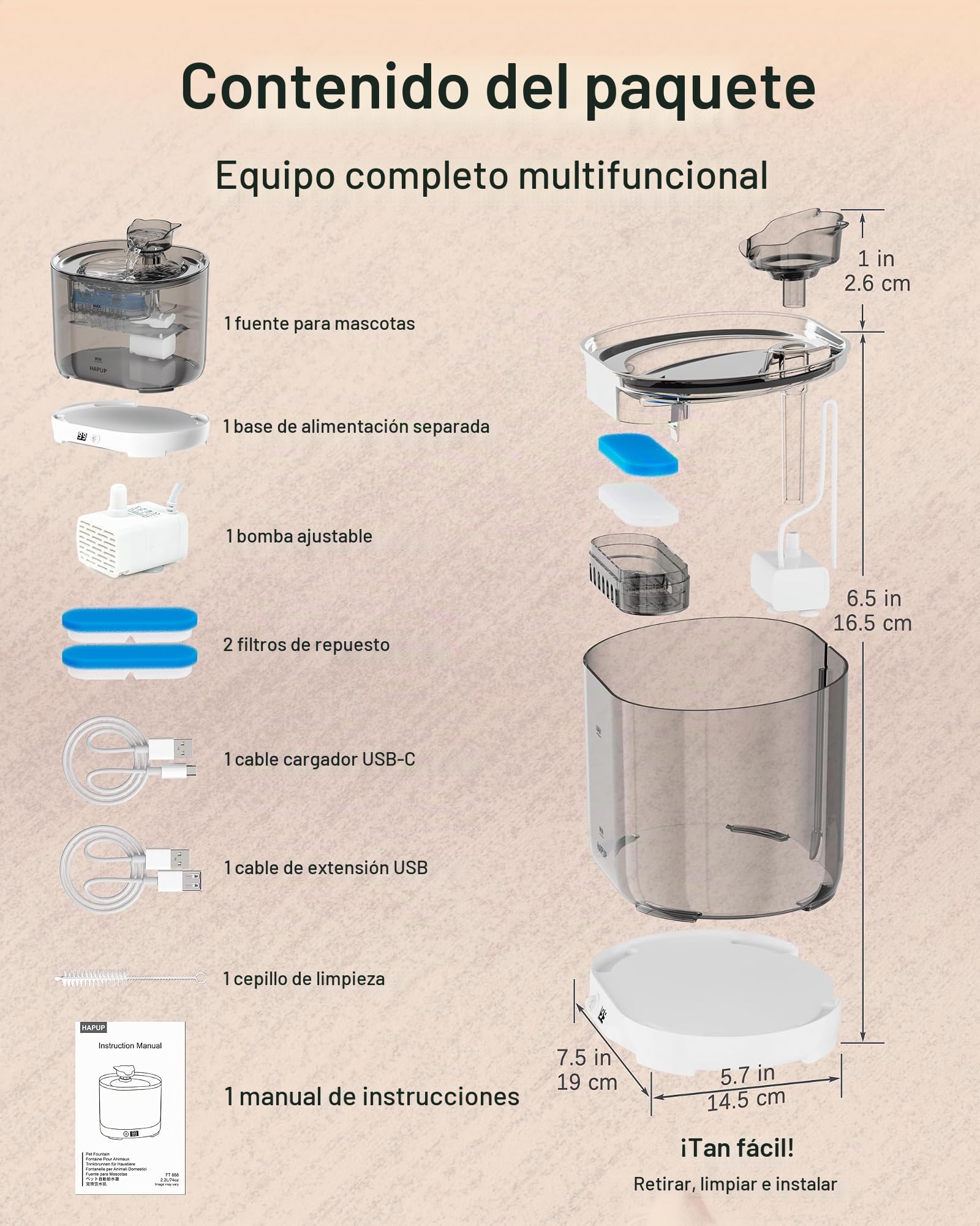 HAPUP Fuente de agua para Gatos sin Cable, 2,2L - Bebedero Automatico con Sensor de Movimiento, Pilas de 5000 mAh, Bomba Silenciosa y Filtro