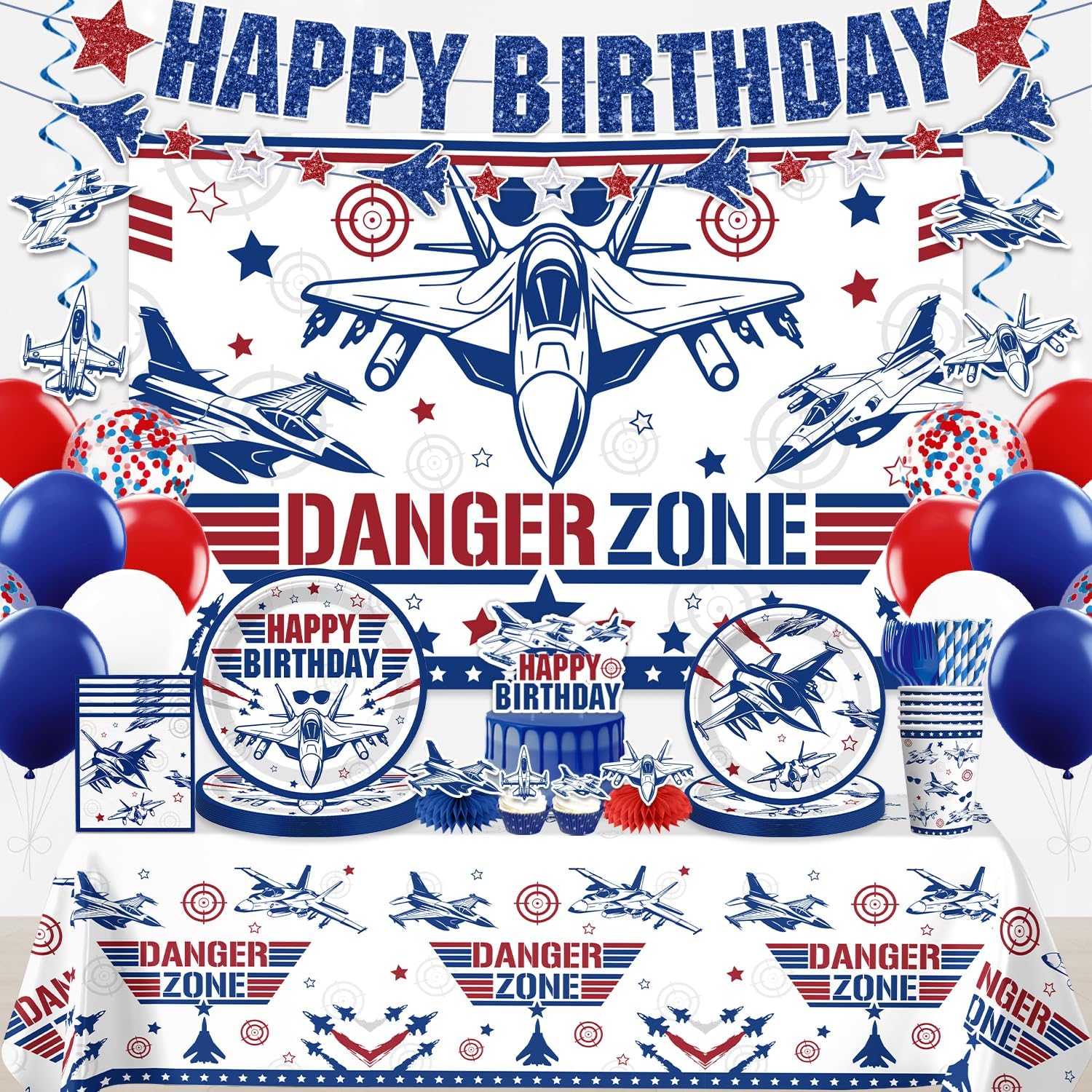 206pcs Fighter Jet Birthday Party Decorations for Boy-Service 25, All-in-one Plane Birthday Decorations Party Pack With 350gsm Plate, Banner, Tablecloth, Cake Topper, Backdrop, Balloons, Etc