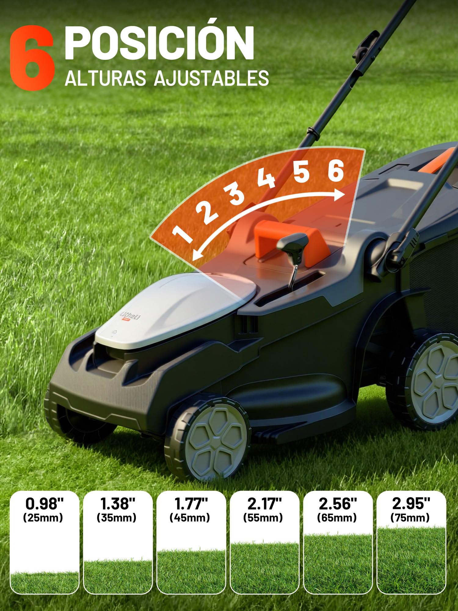 Cortacésped eléctrico con batería Litheli U20, ancho de corte de 38 cm, hasta 300 m², cesta de 40 L, altura de corte de 25-75 mm, incluye 2 baterías de 4,0 Ah