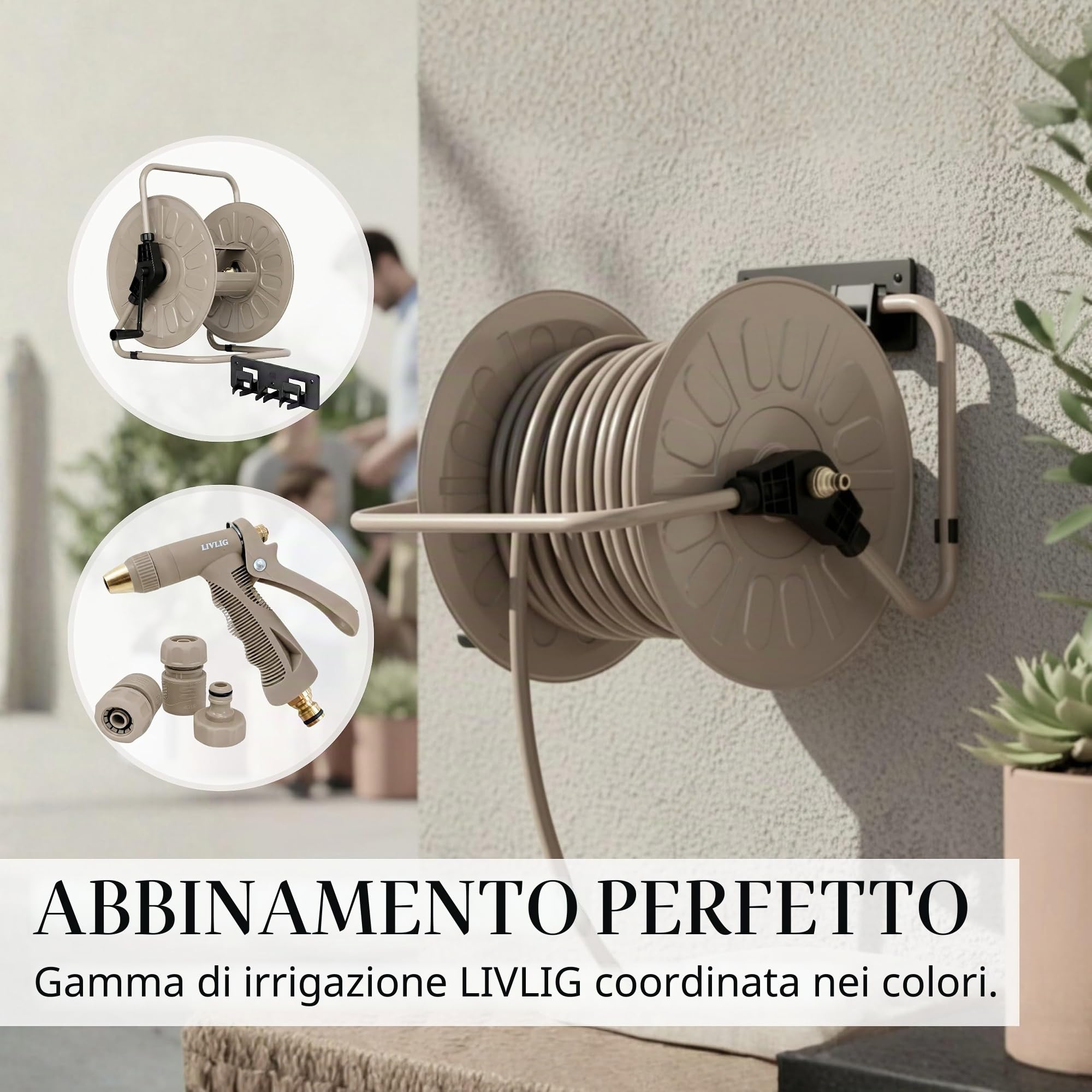 LIVLIG Tubo da Giardino 30m Design – Tubo Irrigazione Flessibile, 60% Riciclato, Resistente UV, Anti-Torsione, 1/2 Pollice, Beige