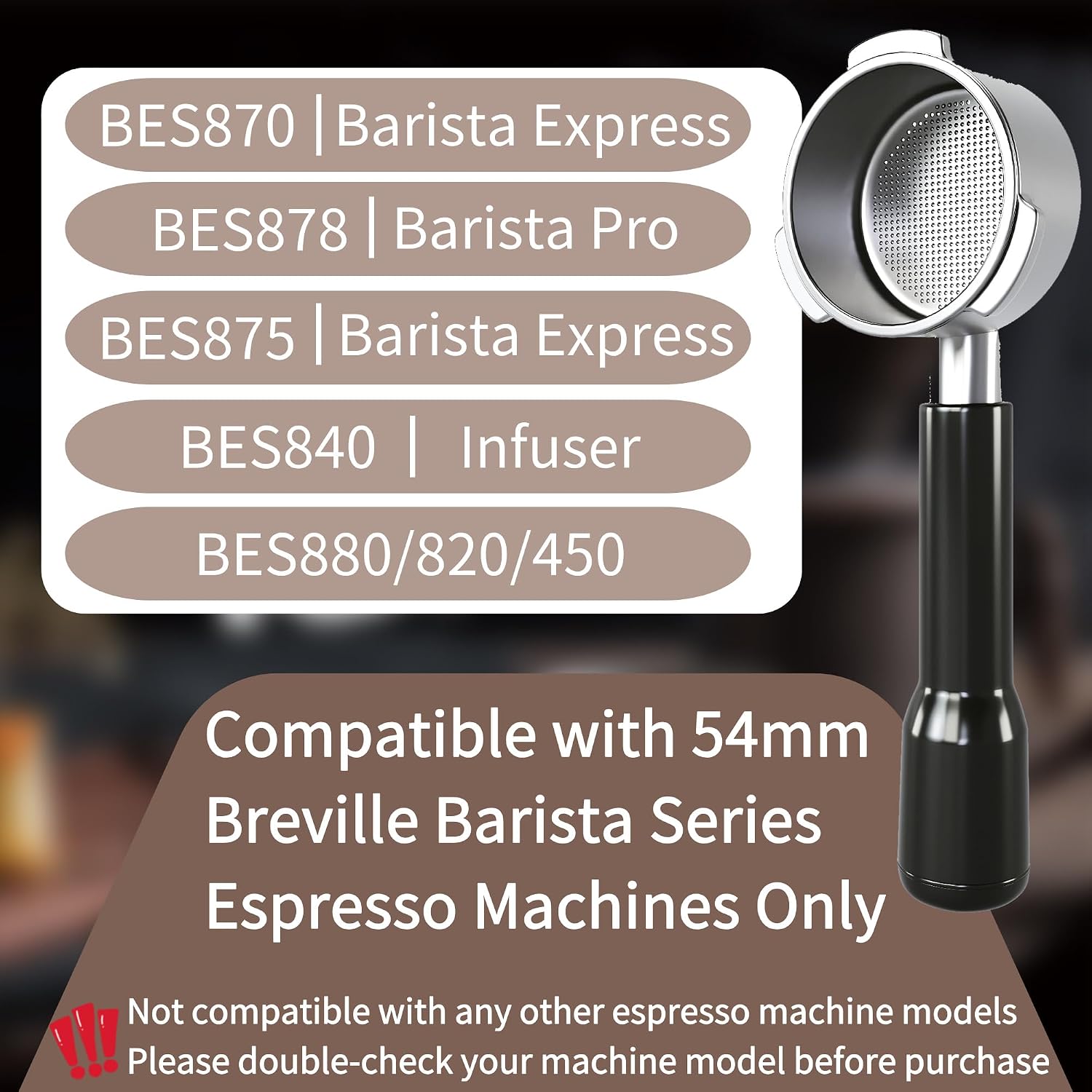 Bottomless Portafilter 54mm, Compatible with Barista Express(BES 870/875/878/880/820/840/450) - for Breville Espresso Machines Stainless Steel 3-Ear Portafilter with Double 54mm Filter Basket