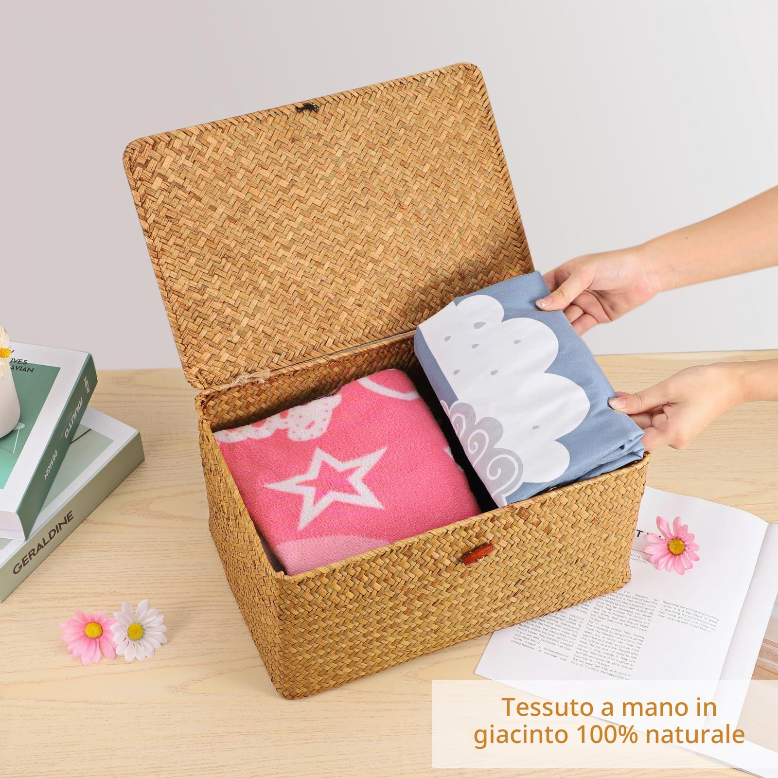 FEILANDUO Set di 3 Cestini con Coperchio Intrecciati a Mano in Marina, Organizer per Trucchi Multiuso Cestini Portaoggetti Cesta Vimini con Coperchio Cestino Naturale Intrecciato con Alghe (Grande)