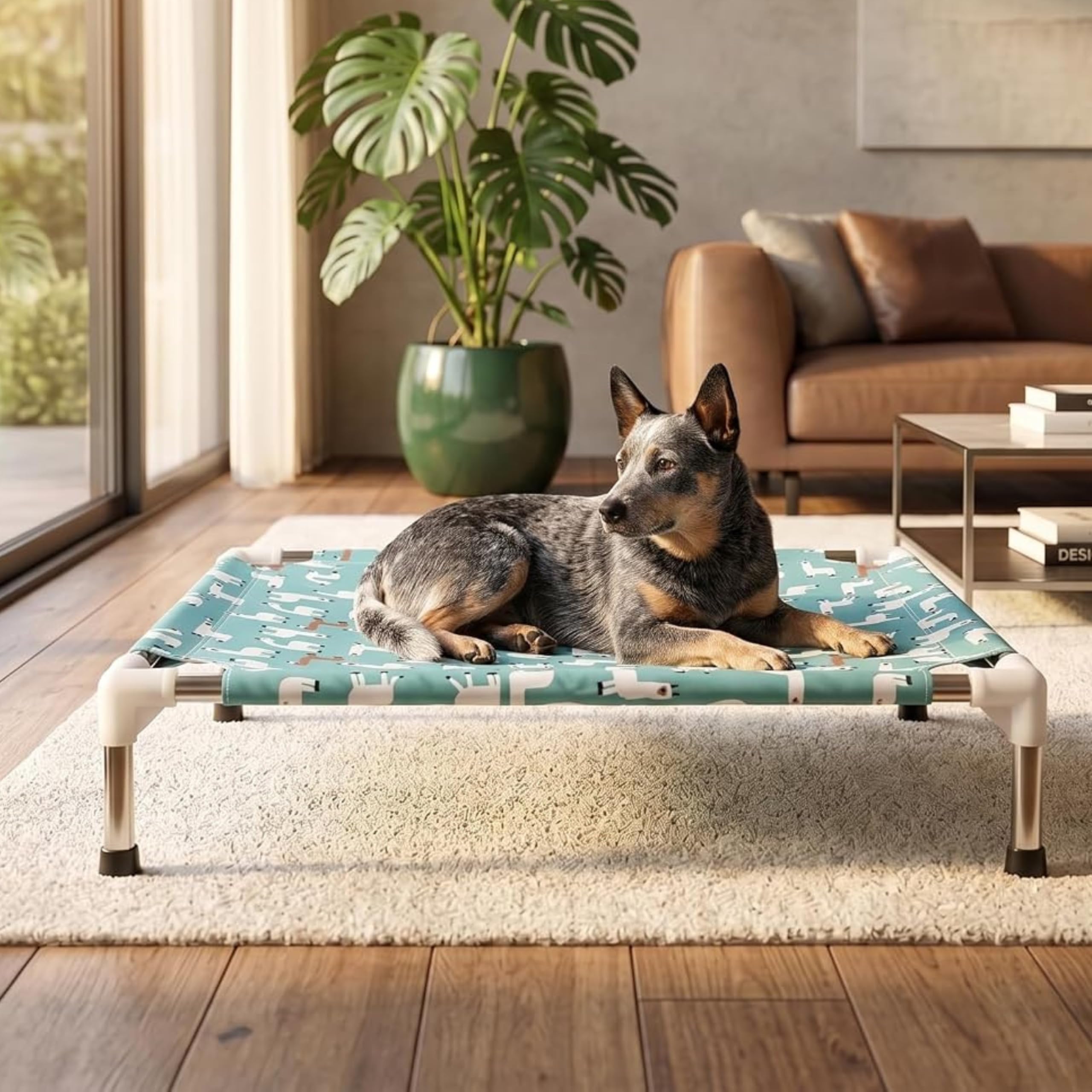 ZEXSAZONE Elevated Dog Bed 70x60x20 cm for Medium Dogs & Cats | Cooling Raised Pet Cot with Anti-Scratch Fabric | Foldable Portable Steel Frame Bed | Breathable Outdoor Indoor Dog Cot (Print Green)-image-42