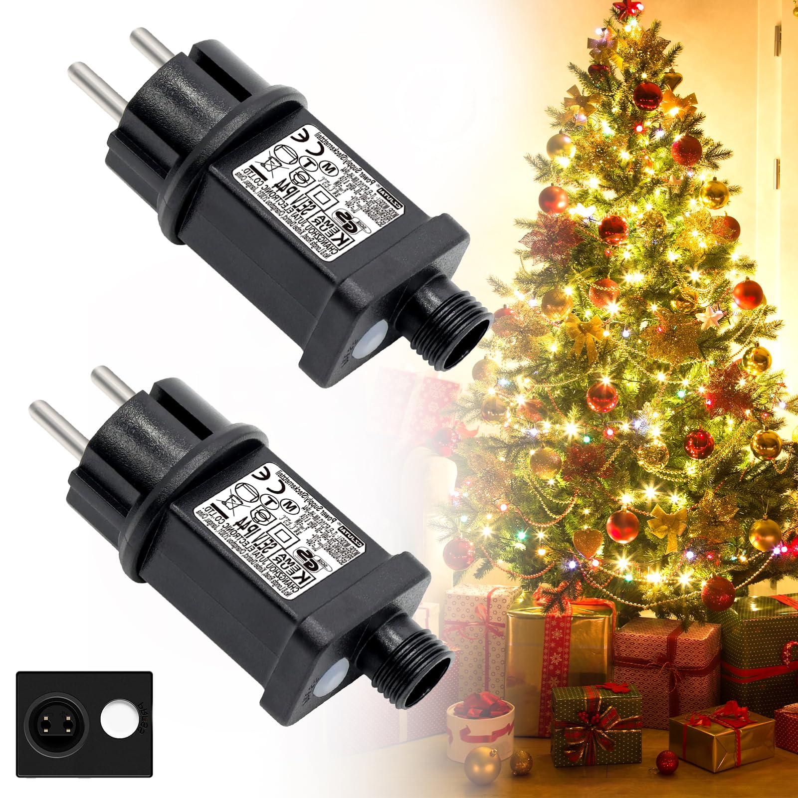 Cozymeow Trasformatore Luci Natale 24V 6W AC Alimentatore, 8 Modalità Adattatore con Timer, IP44 Impermeabile Presa, Spina Ricambio a 2 Pin per Luci Albero di Natale Catena Luminosa Tenda Luminosa