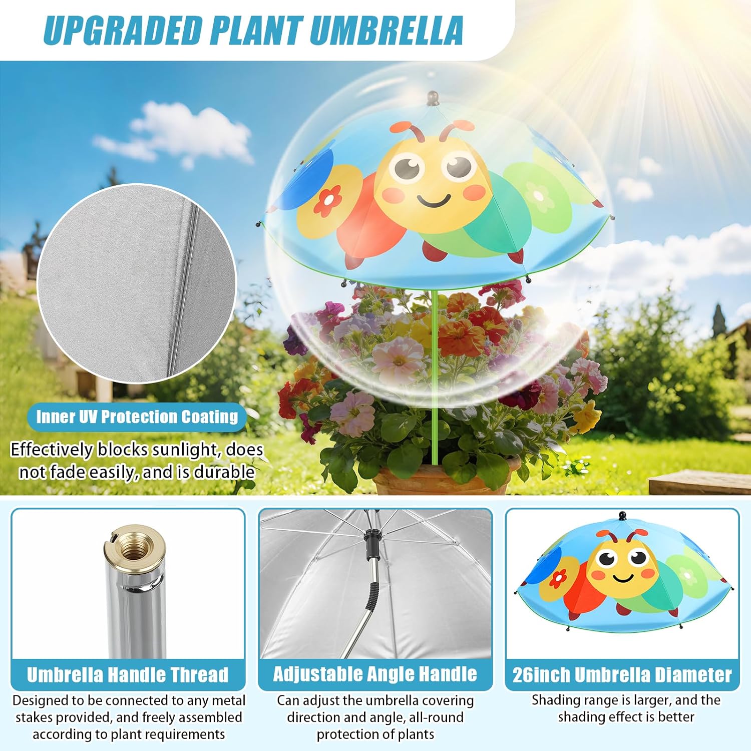 Axcoix 4 Pack Upgraded Plant Umbrellas for Outdoor Plants, 26" Larger Garden Plant Umbrella Shade with Adjustable Angle, 43.4" Higher Sun Shade with Animal Prints for Plants, Potted Plant, Garden Beds
