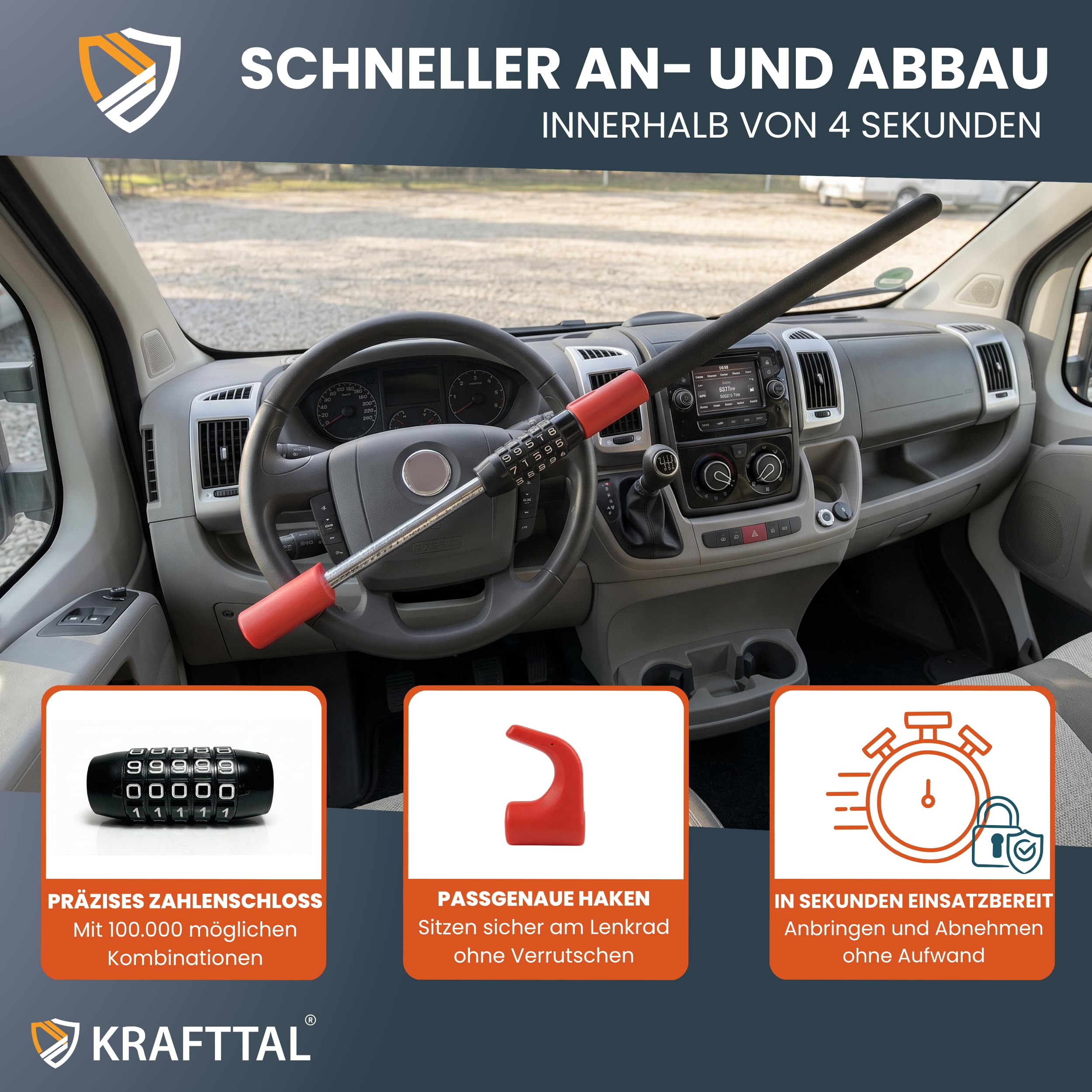 Lenkradkralle | Premium Lenkradschloss für Auto | geeignet für Auto, Wohnmobil & LKW | hochwertige Lenkradkralle für Auto | Wegfahrsperre Auto mit Zahlenschloss