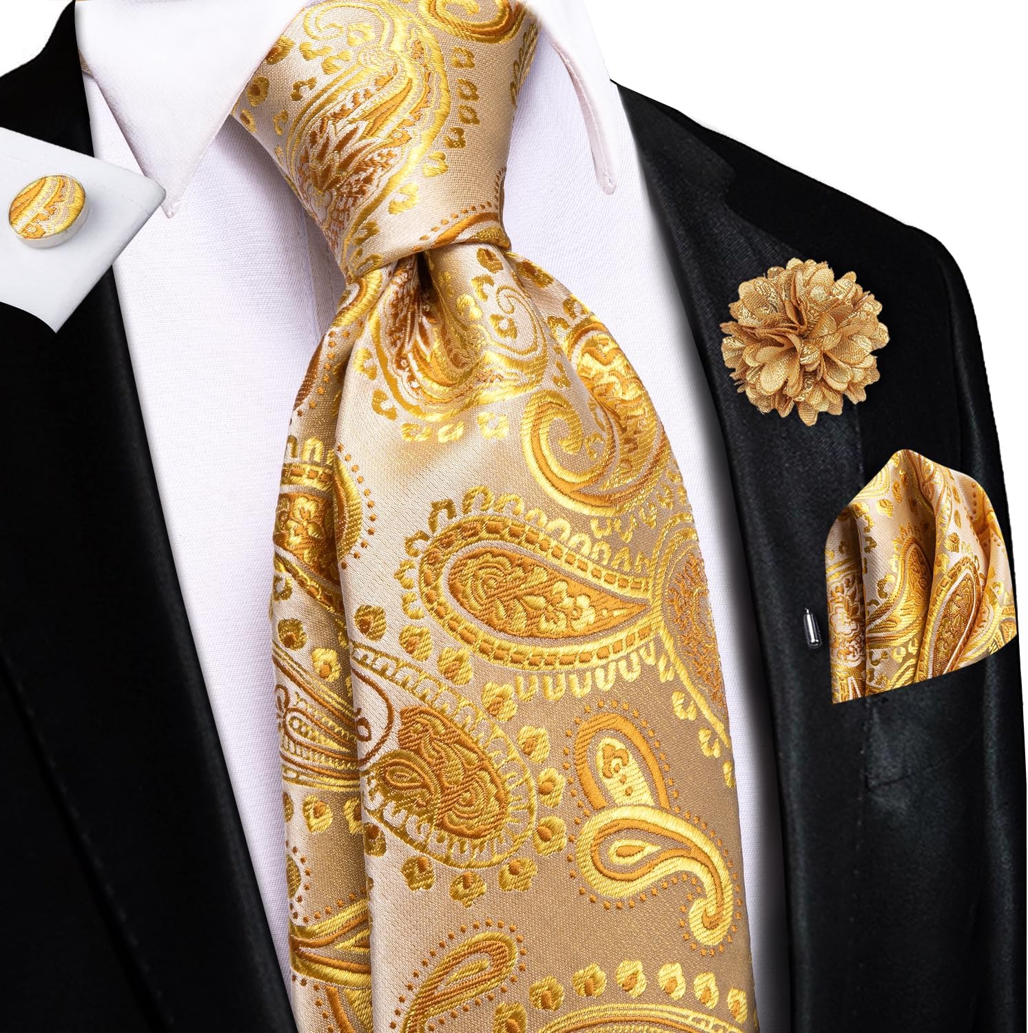 Hi-Tie Men's Tie Lapel Pin Set Pocket Square Cufflinks Formal Woven Silk Tie Sets Wedding Party - Image 4