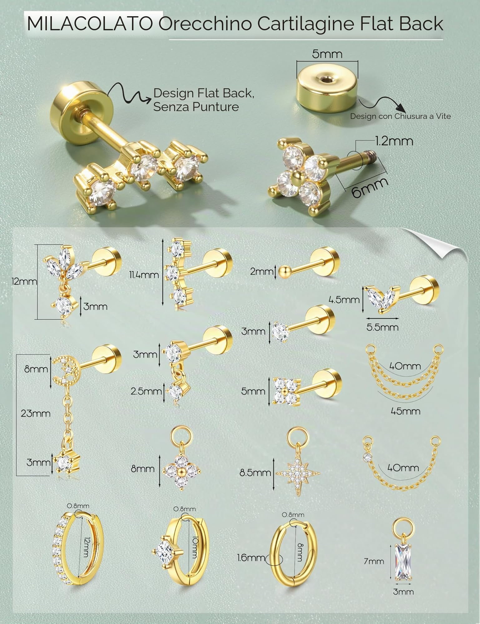 MILACOLATO 16Pcs Piercing Orecchio Acciaio Chirurgico Helix Piercing Orecchio Anallergici Donna Oro Argento Piccoli Cerchio Conch Cartilagine Trago Piercings Gioielli 20G