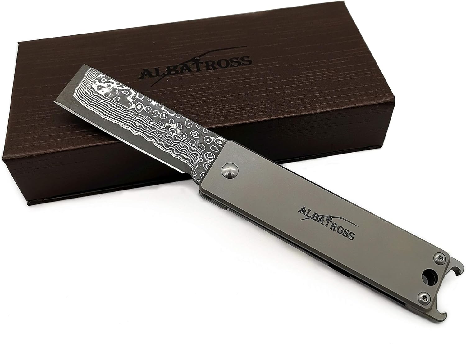 ALBATROSS Premium EDC Pocket Knife - Compact Folding Tactical Knife with Damascus Steel Blade, Titanium Handle & Bottle Opener - Everyday Carry Camping Survival Knife - Mothers Day Fathers Day Gift for Men Women - HGDK010-GY