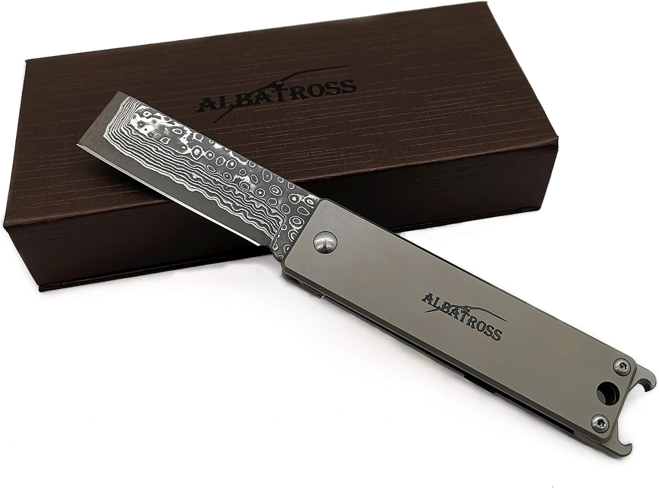 ALBATROSS Premium EDC Pocket Knife - Compact Folding Tactical Knife with Damascus Steel Blade, Titanium Handle & Bottle Opener - Everyday Carry Camping Survival Knife - Mothers Day Fathers Day Gift for Men Women - HGDK010-GY
