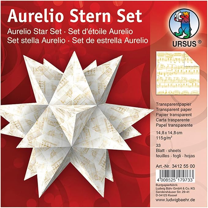Ursus 34125500 – Faltblätter Aurelio Stern Noten, gold, 33 Blatt, aus Transpatentpapier 115 g/qm, ca. 14,8 x 14,8 cm, einseitig bedruckt, ideal als Weihnachtsdeko