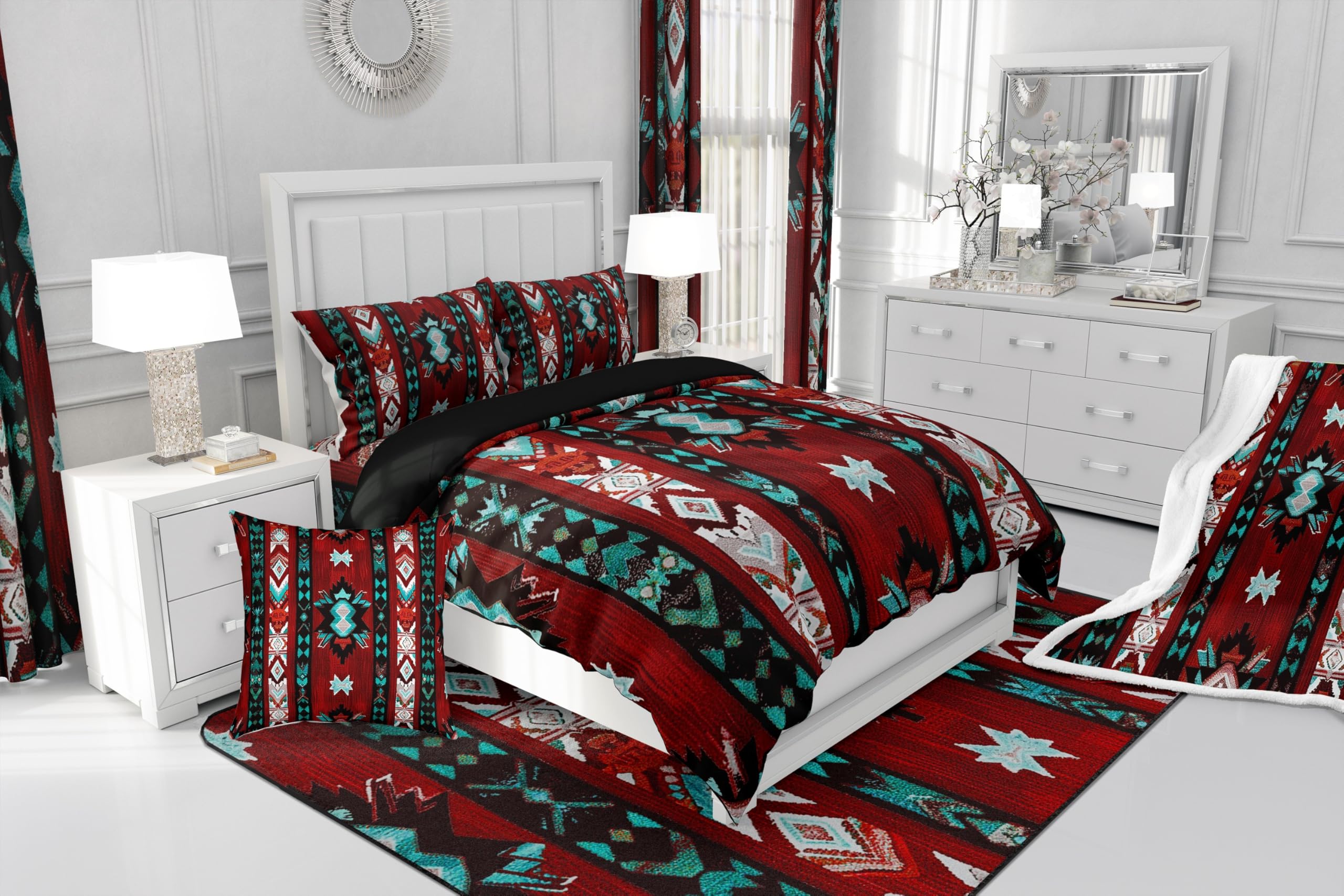 Loussiesd Rot Südwesten 100% Baumwolle Bettwäsche Set 135x200cm Geometrisch Bettwäsche Dekor Tribal Exotic Style Native American Indian Design Bettbezug Set Streifen Linie Bettwäsche-Set