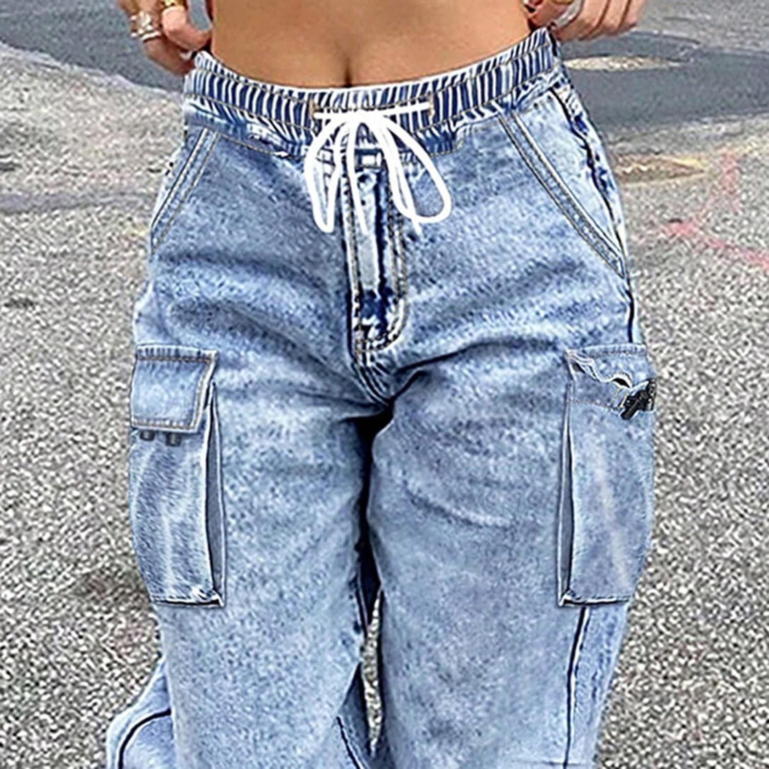 Mid Rise Cargo Jeans Women Elastic Waist Stretch Wide Leg Denim Pants with Pockets Baggy Streetwear Pants y2k - Image 5