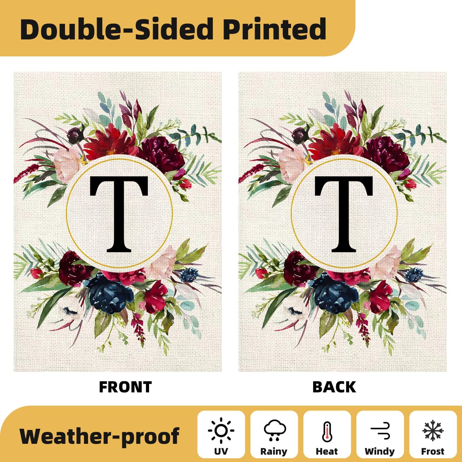 Monogram Letter T Garden Flags, Summer Garden Flag 12x18 Double Sided Floral Yard Flags Small Burlap Family Last Name Initial Garden Flag for Outside Decorations(T) - Image 4