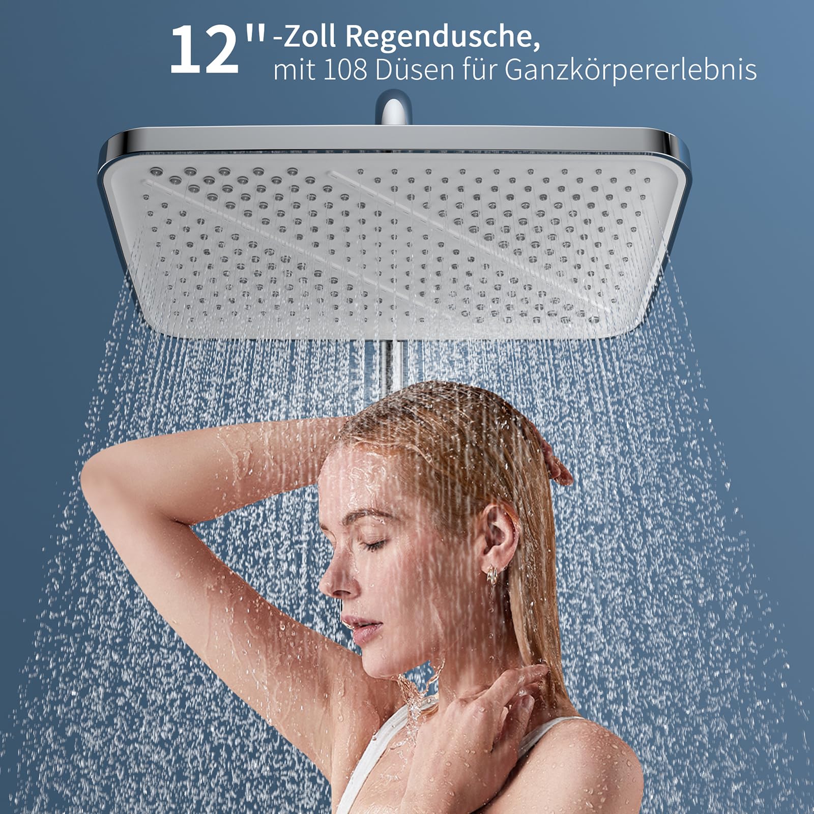 HOMELODY Duschsystem mit Thermostat und Glasablage Chrom - Duscharmatur Komplettset mit 30cm, Handbrause 3 Strahlarten und Unterer Auslauf - Duschset Regendusche mit Armatur