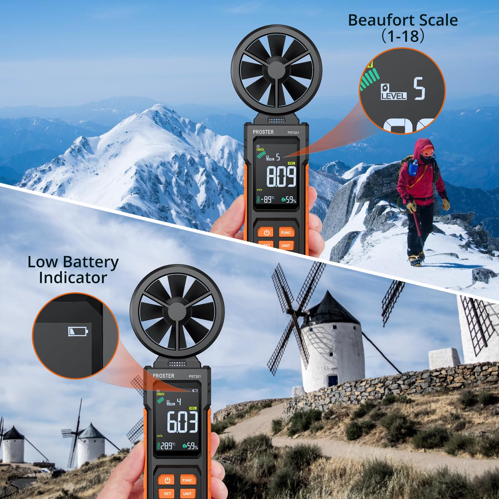 Proster Anemómetro Portátil Medidor de Velocidad del Viento Digital con CMM CFM Flujo de Aire y Temperatura