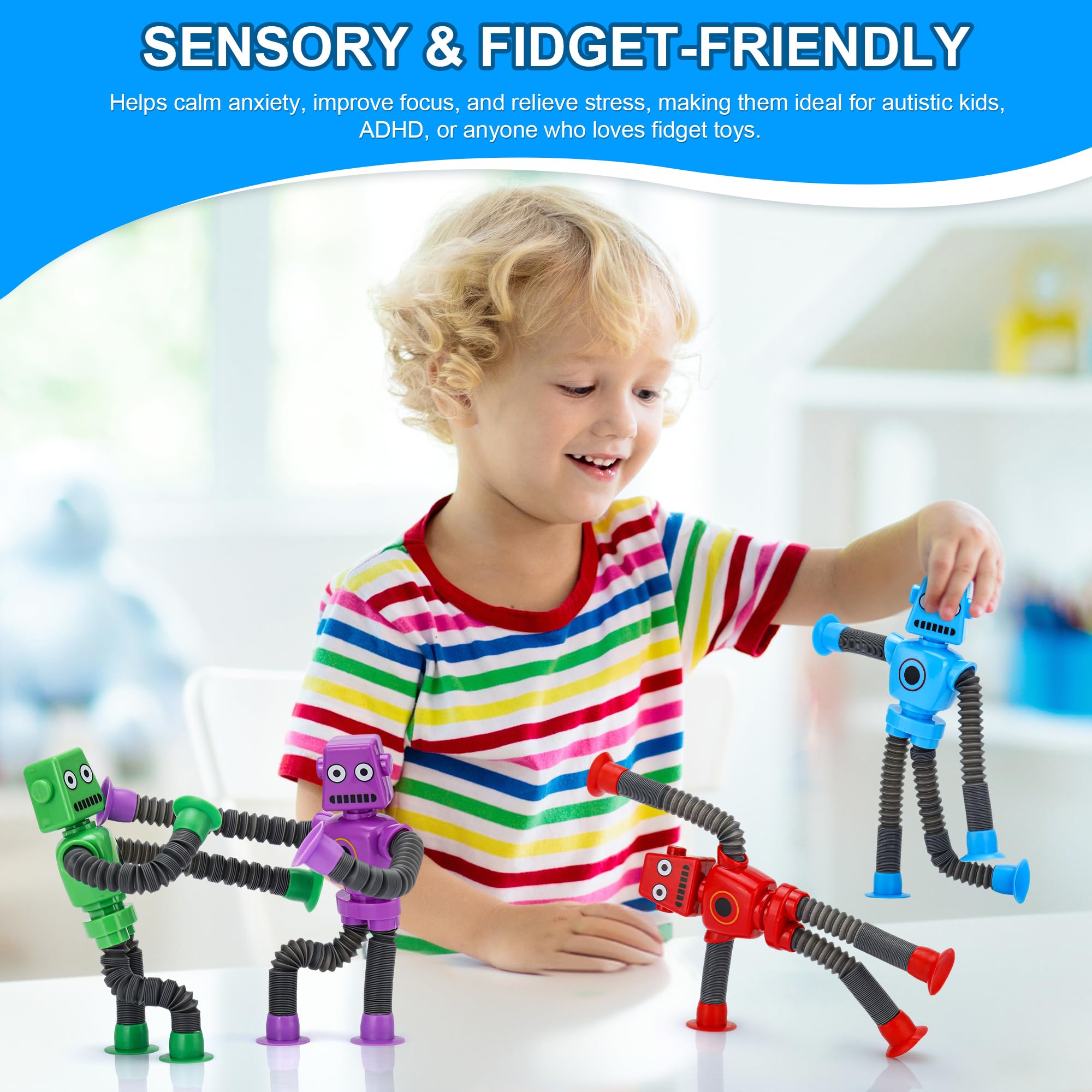 Juguetes de ventosa robot para reventar tubos | 6 juguetes sensoriales elásticos para niños a partir de 3 años, perfectos para viajes, recuerdos de fiesta, autismo, alivio del estrés, divertidos